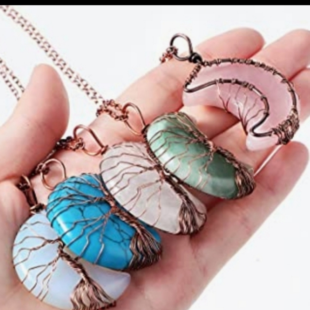Tree of Life Wire Wrapped Cresent Moon HEALING STONE PENDANT NECKLACES Set NWT - Picture 2 of 2